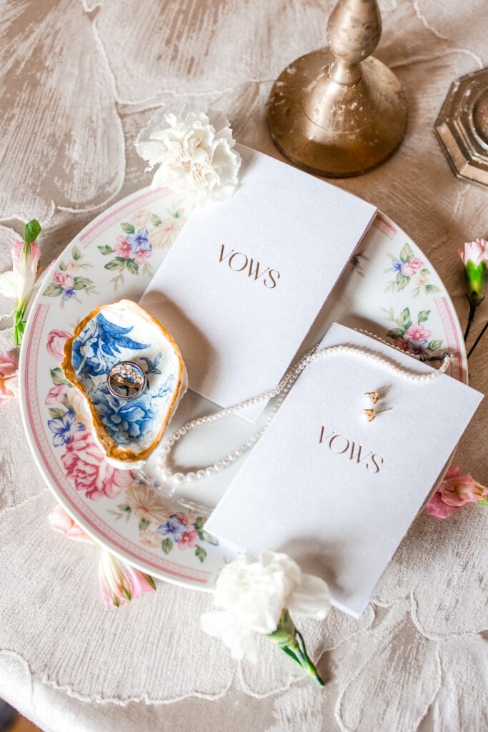Colorful rustic garden party flat-lay detail photo at Rivercrest Farms in Dover, Ohio.