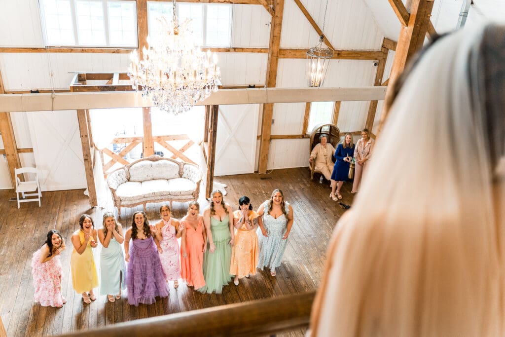 Bridesmaid reaction during first look at Rivercrest Farms in Dover, Ohio.