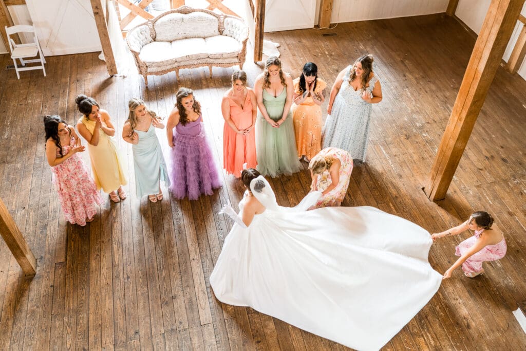 Bridesmaid reaction during first look at Rivercrest Farms in Dover, Ohio.