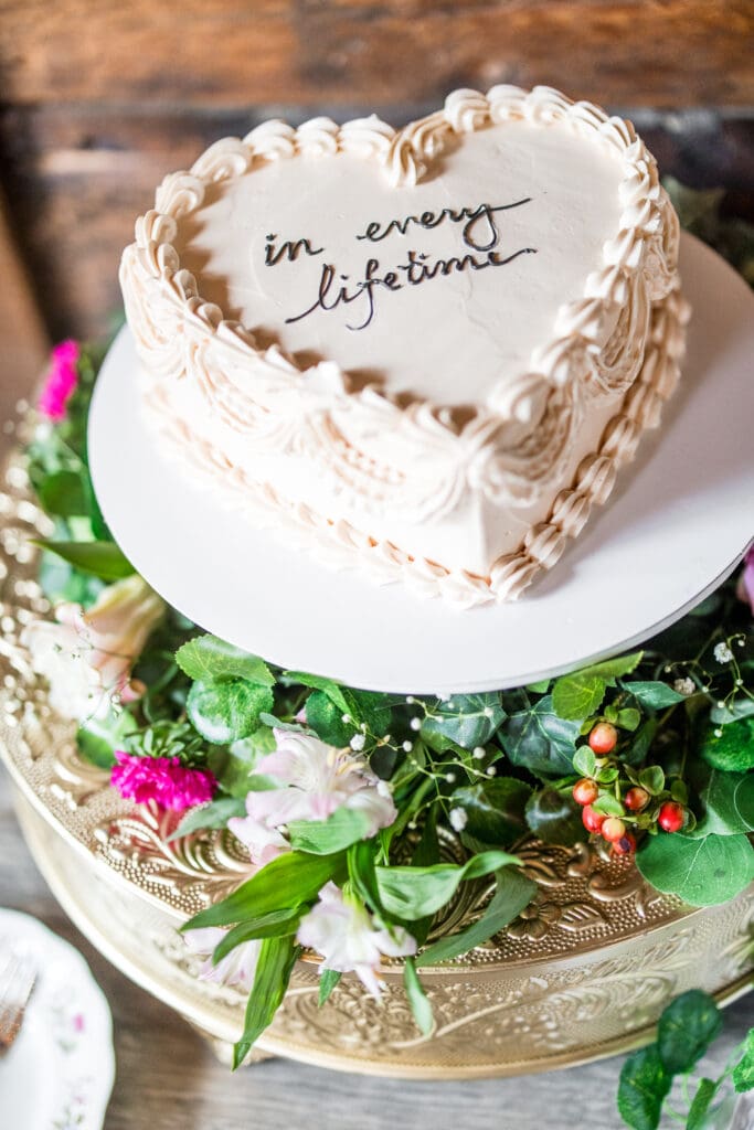 Vintage cake with colorful flowers at Rivercrest Farms in Dover, Ohio.
