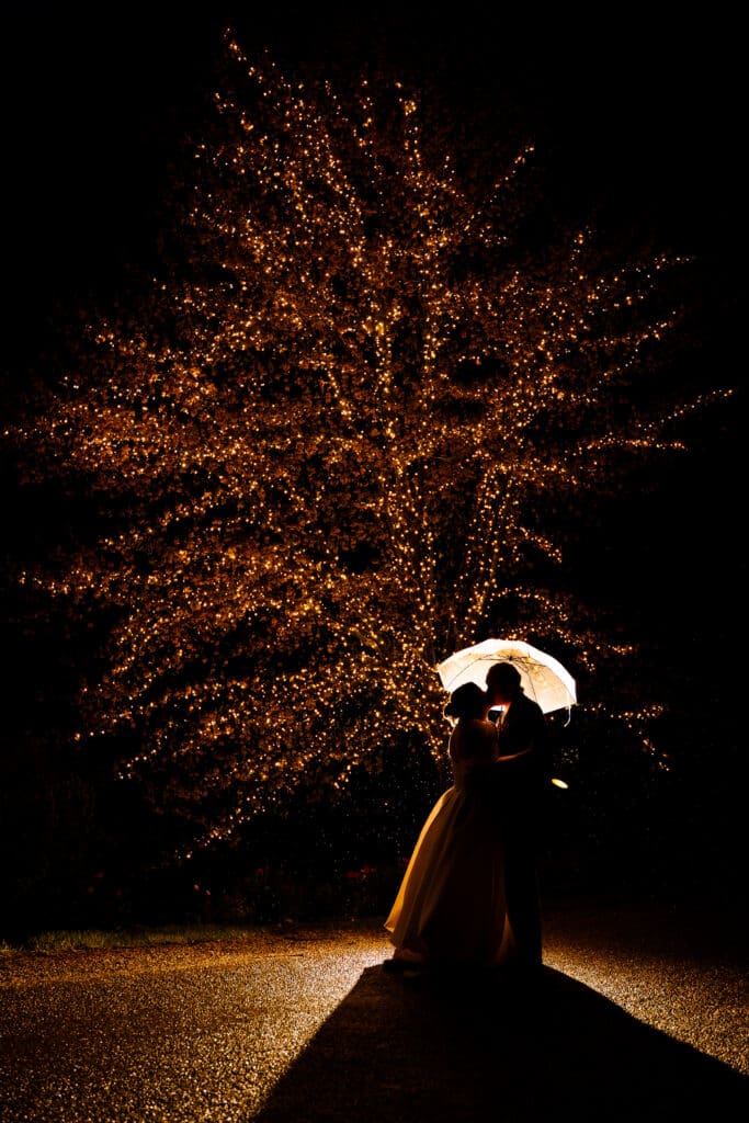 Bride and groom kiss under a clear umbrella at night in the rain.