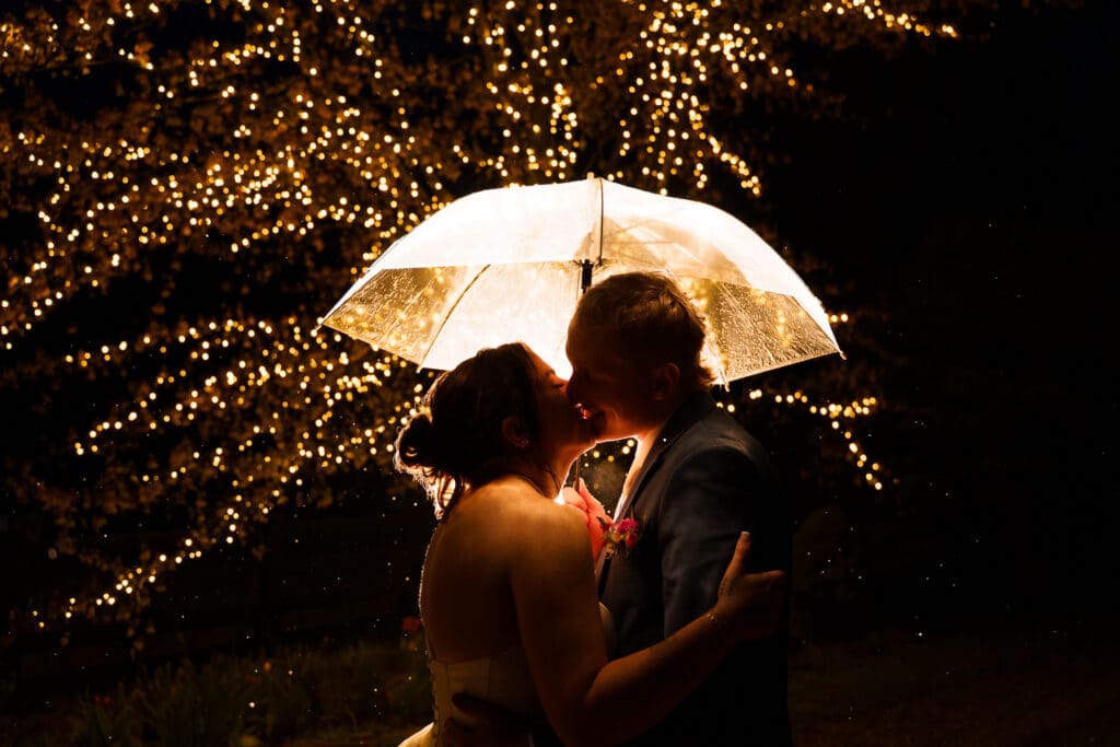 Bride and groom kiss under a clear umbrella at night in the rain.