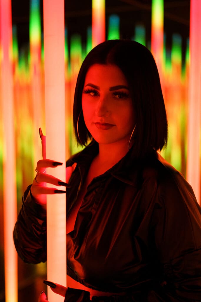 Senior in black streetwear at Otherworld in Columbus, Ohio.