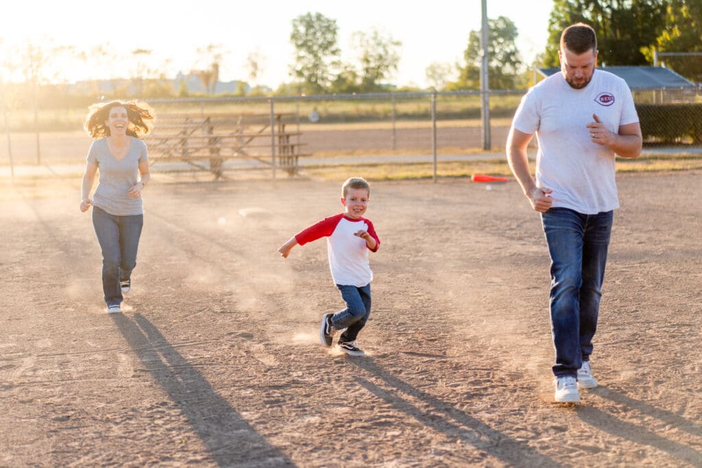 A family runs the bases at a baseball field in Canal Winchester, Ohio.