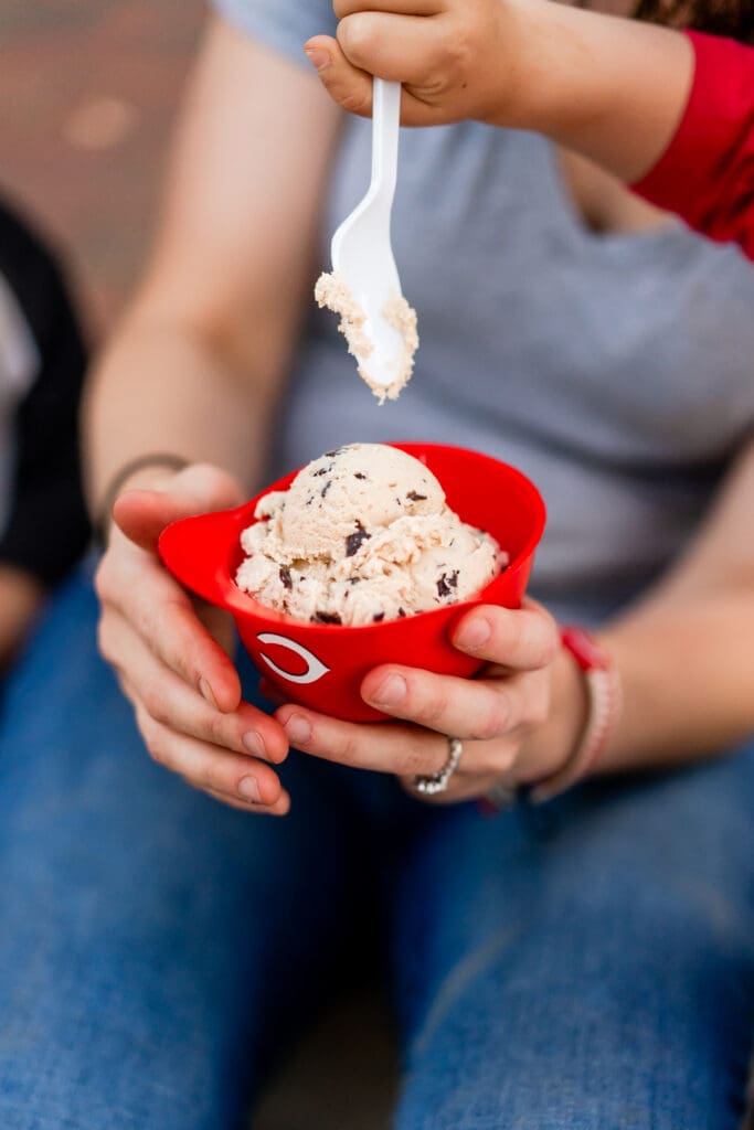 Johnson's Ice Cream in a Cincinnati Reds helmet bowl.