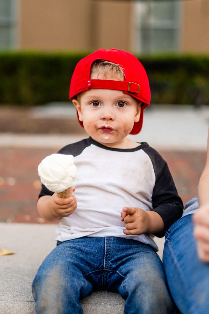 Little boy eats his ice cream at Johnson's Ice Cream in Canal Winchester, Ohio.
