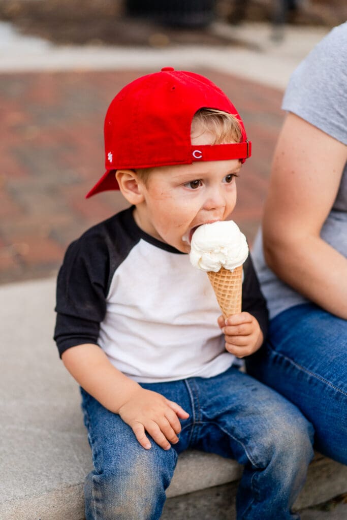 Little boy eats his ice cream at Johnson's Ice Cream in Canal Winchester, Ohio.