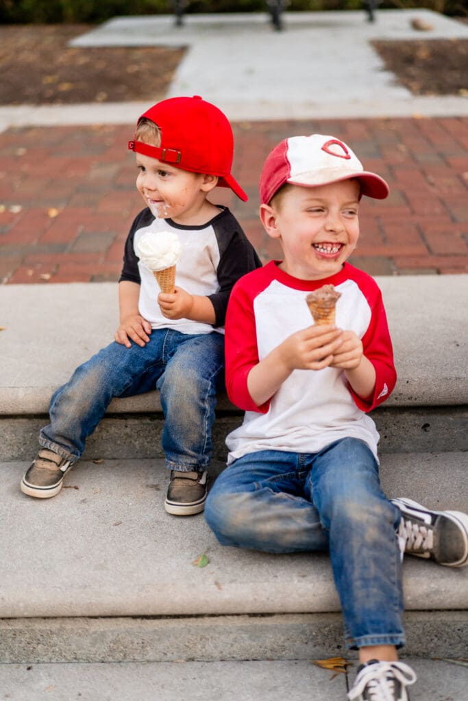 Two brothers eat their ice cream at Johnson's Ice Cream in Canal Winchester, Ohio.