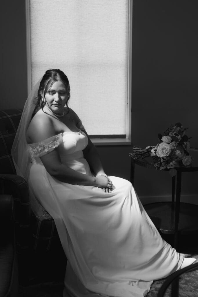 Editorial portrait of the bride dappled in sunlight at the Estate at New Albany