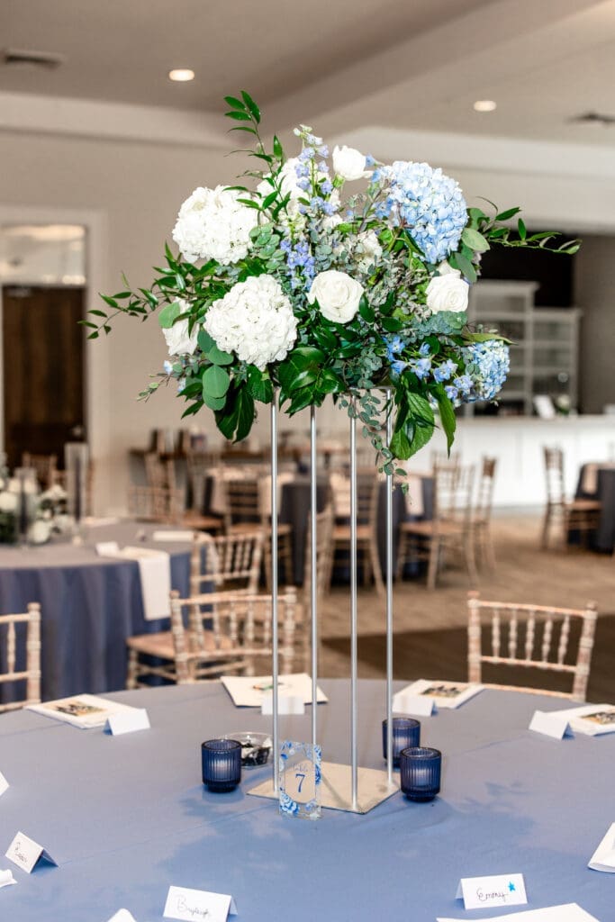 Blue and white floral arrangement at the Estate at New Albany