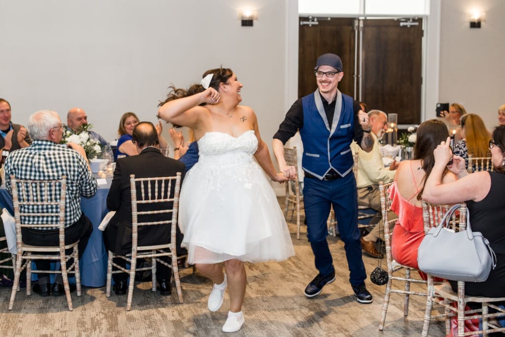Couple runs into their reception