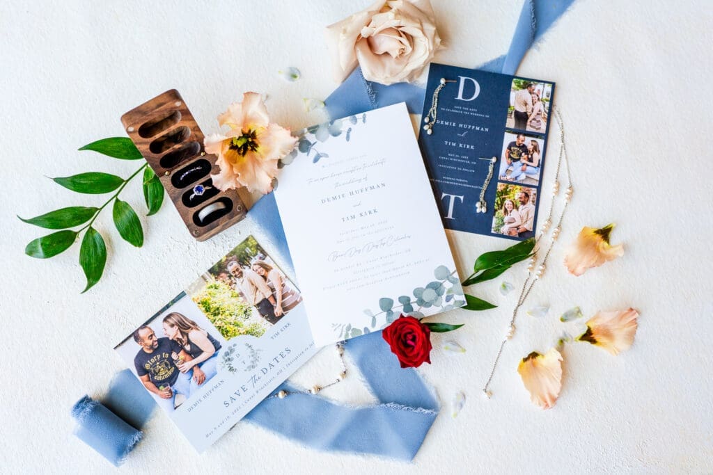 Shades of blue themed flat lay for a May wedding in Columbus, Ohio