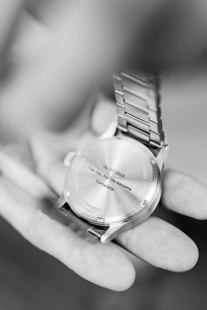 Special inscription on the back of the groom's watch that was a wedding gift