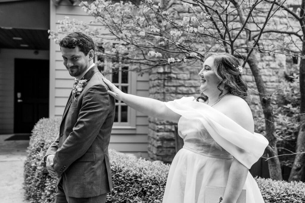Bride and Groom first look Bridal portrait at the Dempsey Event Center in Delaware, Ohio.
