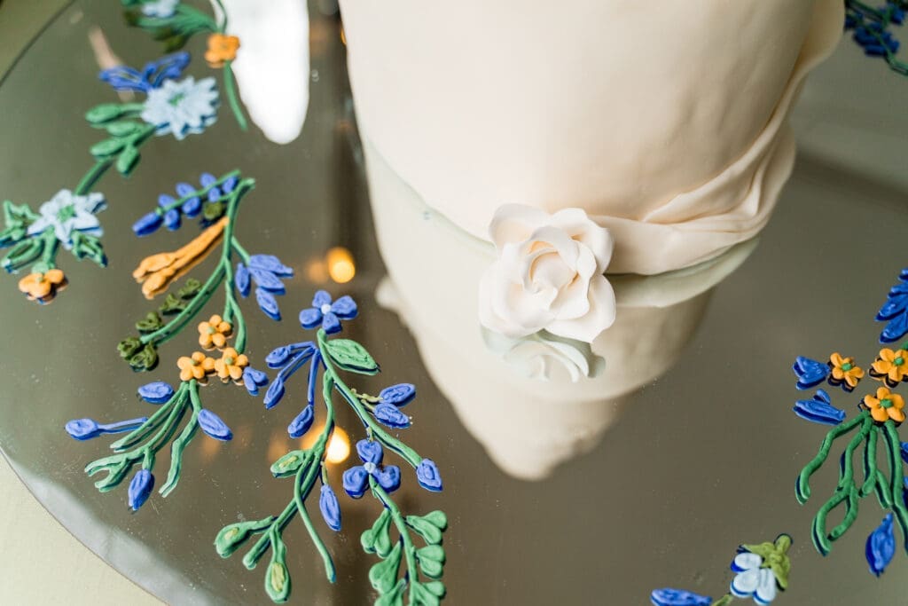 Wildflower details on the cake to match the bride's dress at the Dempsey Event Center in Delaware, Ohio.