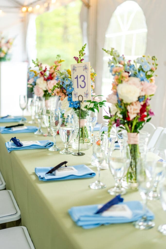 Colorful wildflower reception decor at the Dempsey Event Center in Delaware, Ohio.