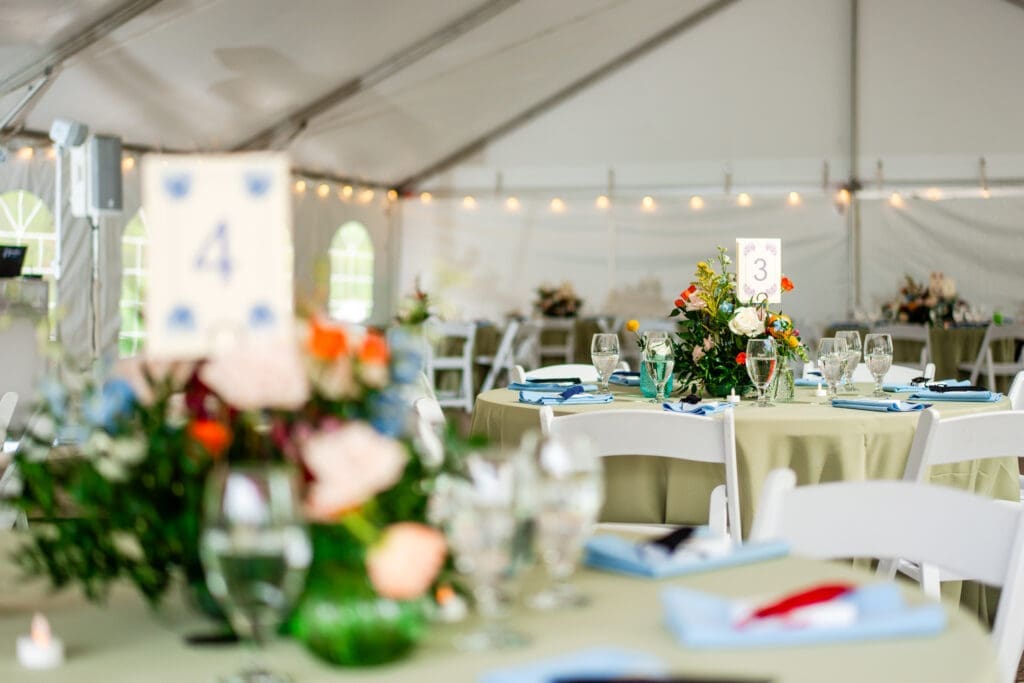 Colorful wildflower reception decor at the Dempsey Event Center in Delaware, Ohio.