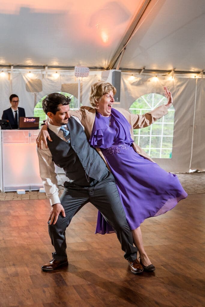 Mother son dance at a tented wedding reception at the Dempsey Event Center in Delaware, Ohio.