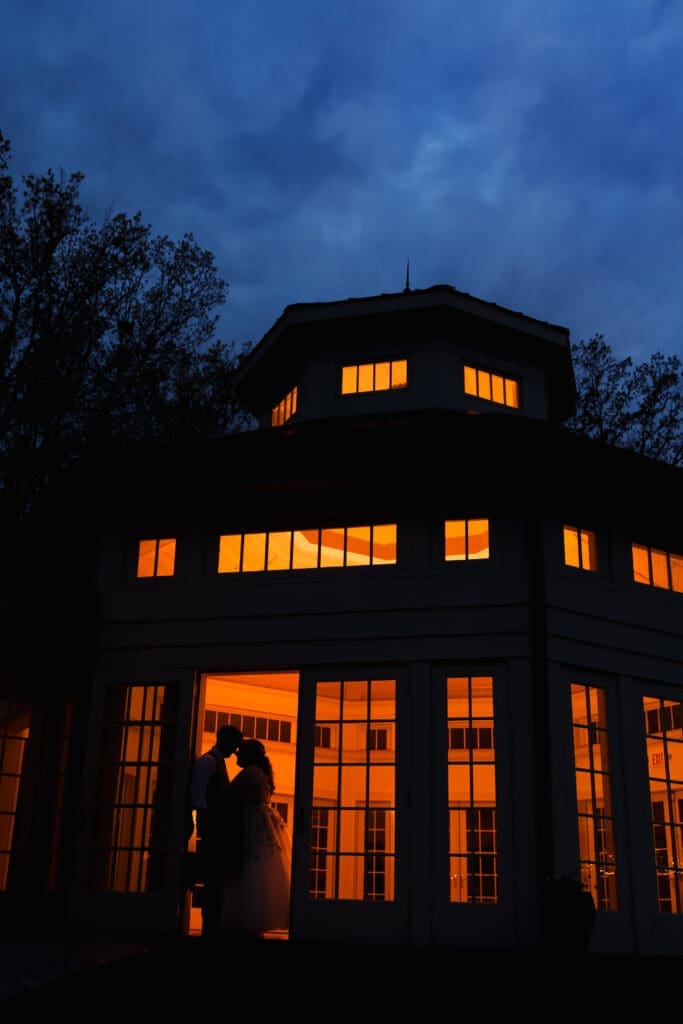 Nighttime wedding couple portrait at the sanctuary at the Dempsey Event Center in Delaware, Ohio.