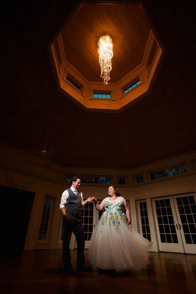 Nighttime wedding couple portrait at the sanctuary at the Dempsey Event Center in Delaware, Ohio.