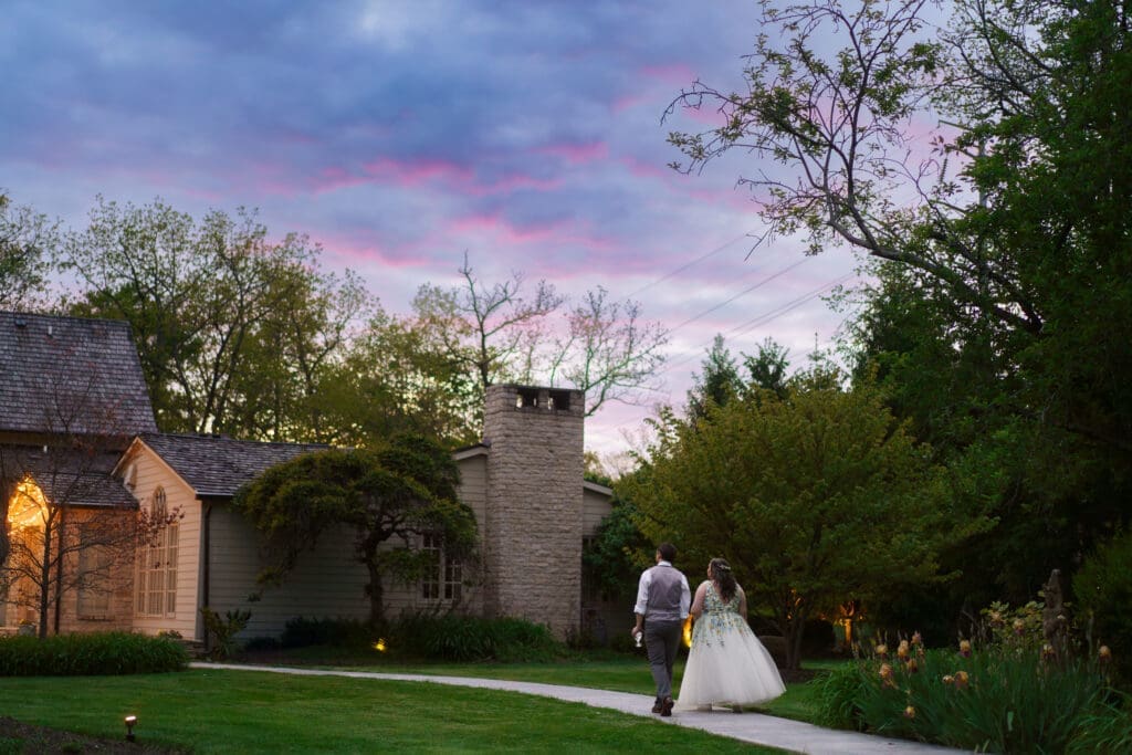 Sunset wedding couple portrait at the sanctuary at the Dempsey Event Center in Delaware, Ohio.