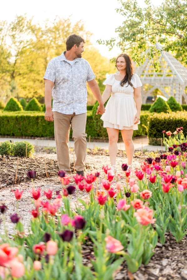 Spring engagement photos at the Franklin Park Conservatory Community Gardens in Columbus, Ohio