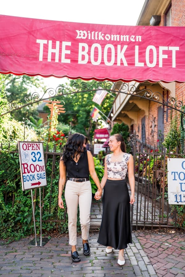 LGBTQ+ engagement session at the Book Loft in Columbus, Ohio.