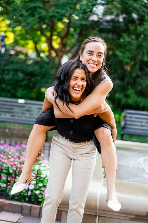 Playful engagement photo in German Village in Columbus, Ohio