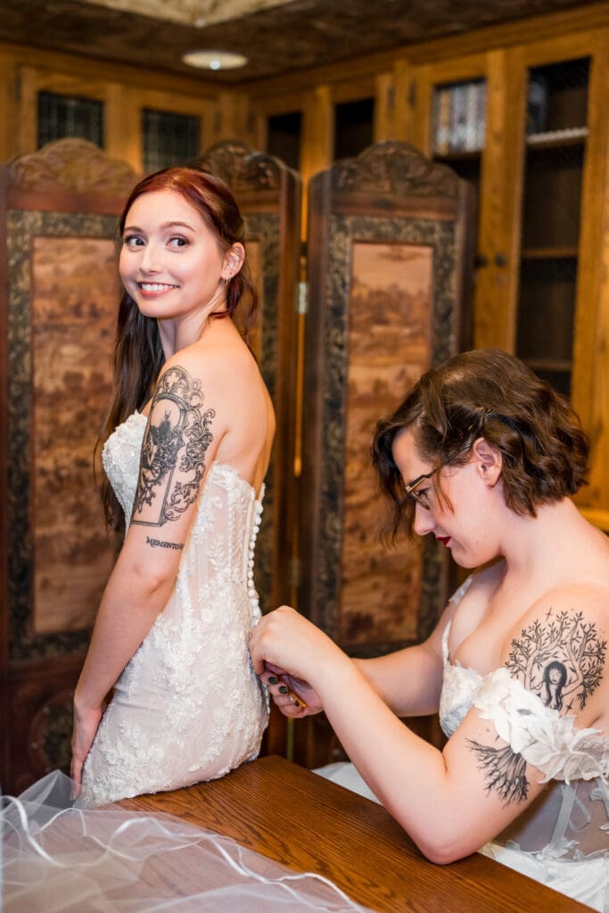Getting ready photo of Columbus Ohio LGBTQ+ wedding at Wagnalls Memorial Library
