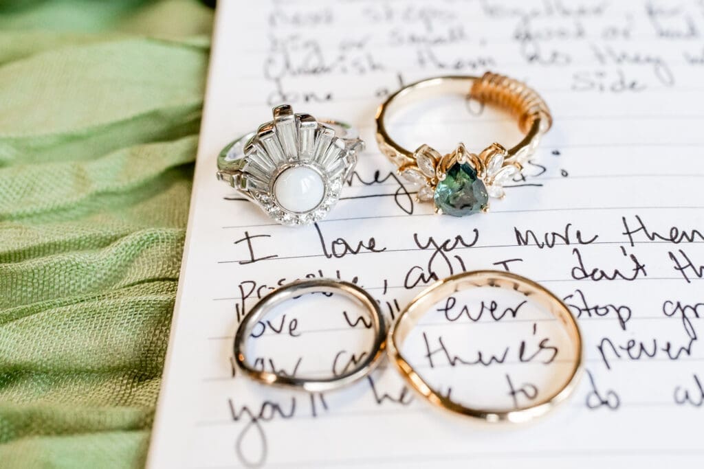 Wedding rings detail photo on a vow book