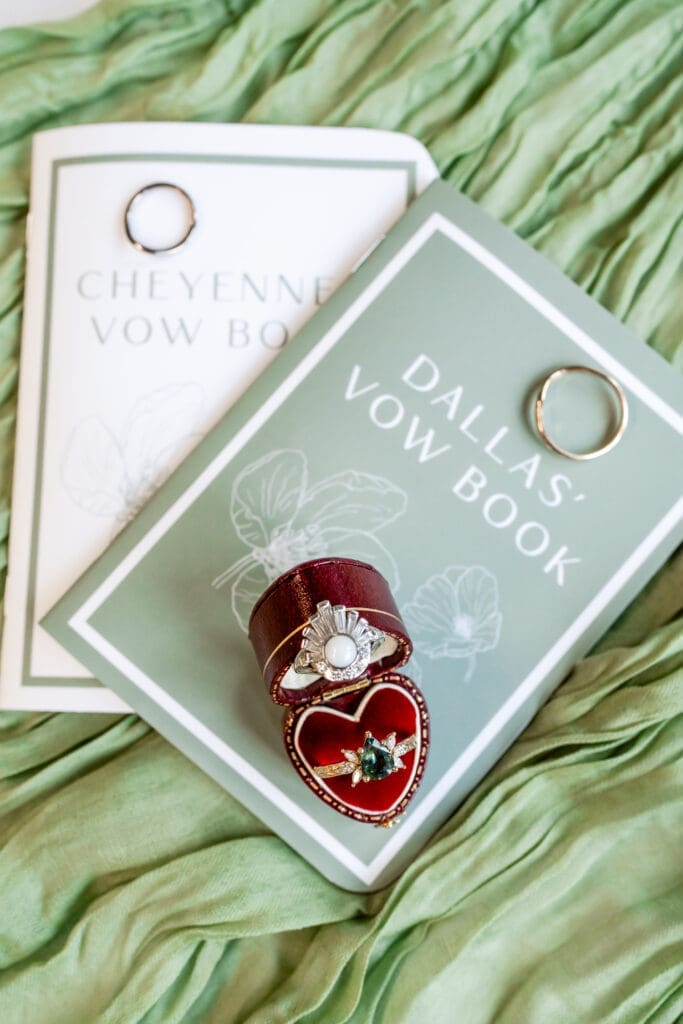 Vow books and rings flat lay