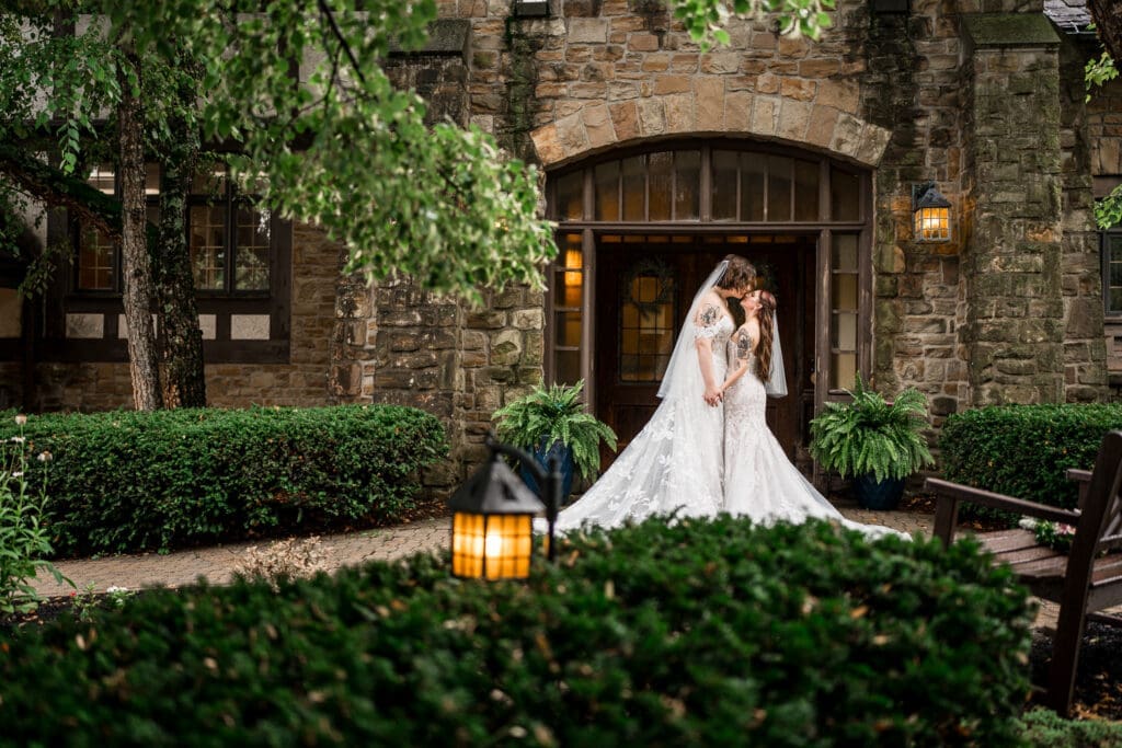 Couple portrait of two brides at a Columbus Ohio LGBTQ+ wedding at Wagnalls Memorial Library