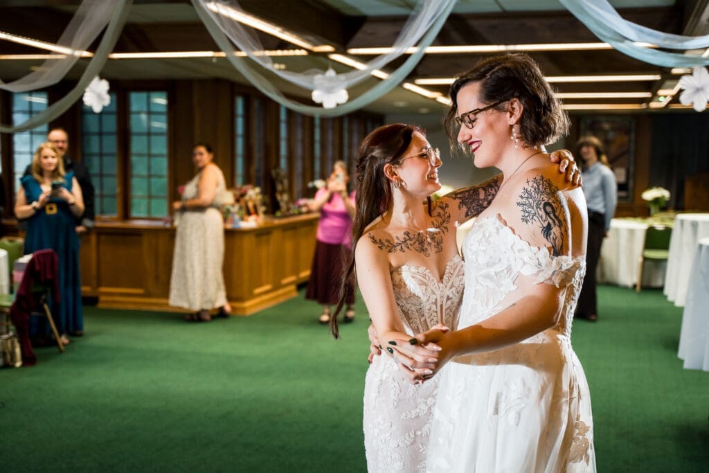 First dance at a Columbus Ohio LGBTQ+ wedding at Wagnalls Memorial Library