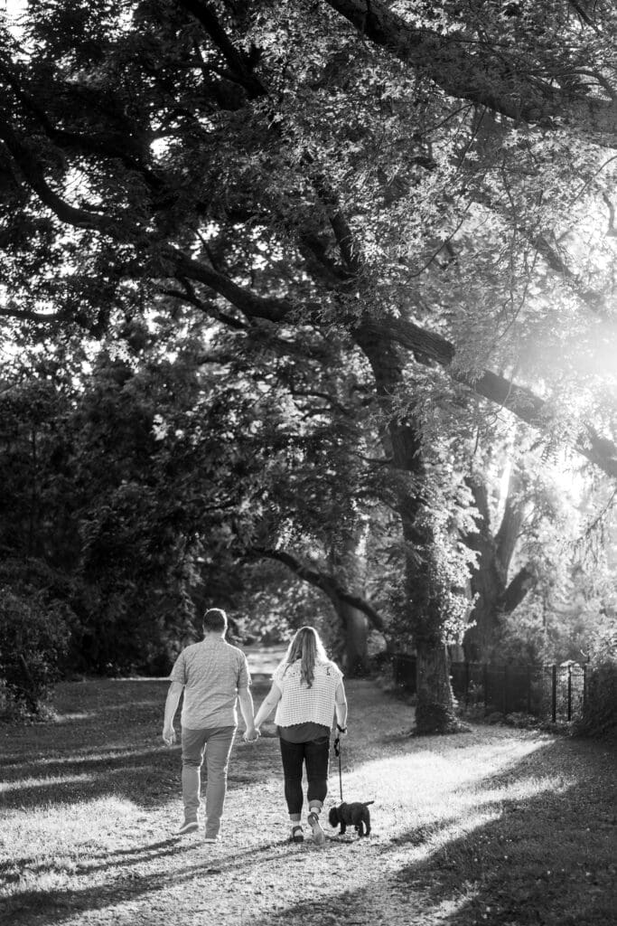 Golden hour engagement photos at the Columbus Park of Roses with their dog.