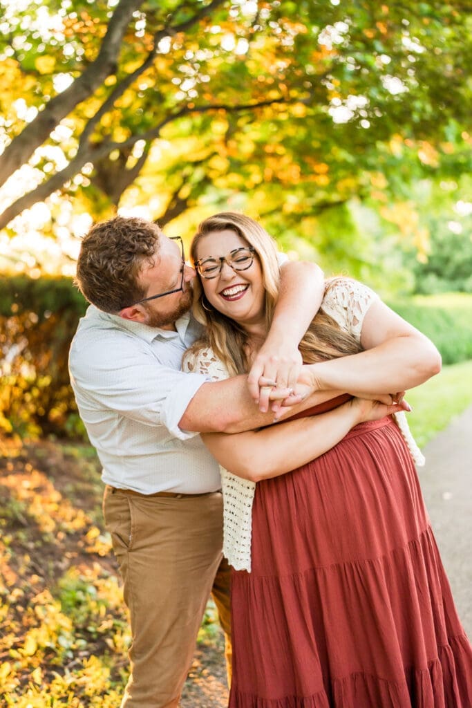 Golden hour engagement photos at the Columbus Park of Roses.
