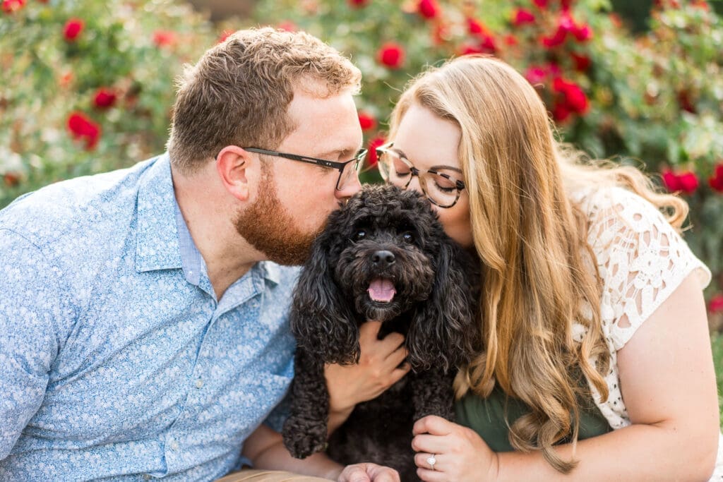 Engagement photos at the Columbus Park of Roses with their dog.