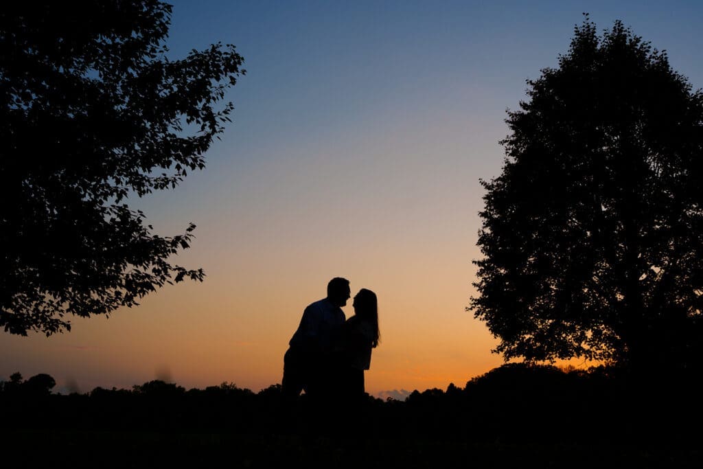 Sunset silhouette engagement photos at the Columbus Park of Roses.